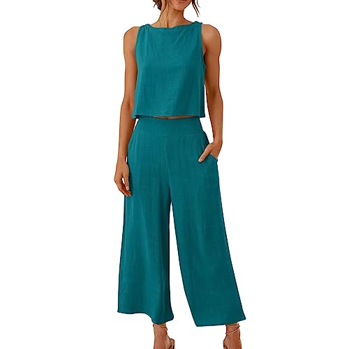 Musselin Hosenanzug Damen Ärmelloses Sommer Zweiteiler Tank Top und Hose 2 Teiler Elegant Hosenanzüge Leinen Jogginganzug Sommer Outfit Business Casual Anzug Leicht Freizeitanzug(Blue,S) von Topassion