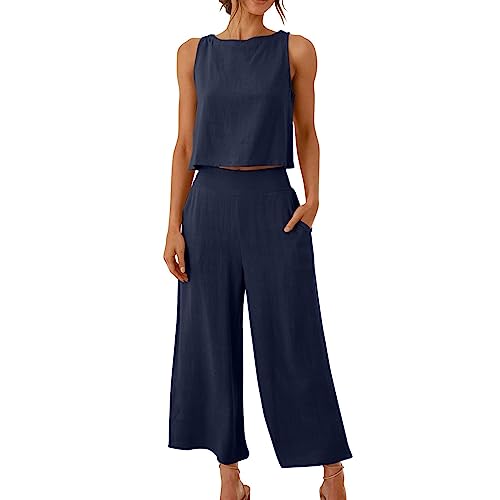 Musselin Hosenanzug Damen Ärmelloses Sommer Zweiteiler Tank Top und Hose 2 Teiler Elegant Hosenanzüge Leinen Jogginganzug Sommer Outfit Business Casual Anzug Leicht Freizeitanzug(Dark Blue,M) von Topassion