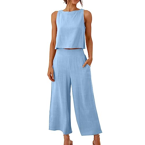 Musselin Hosenanzug Damen Ärmelloses Sommer Zweiteiler Tank Top und Hose 2 Teiler Elegant Hosenanzüge Leinen Jogginganzug Sommer Outfit Business Casual Anzug Leicht Freizeitanzug(Sky Blue,M) von Topassion