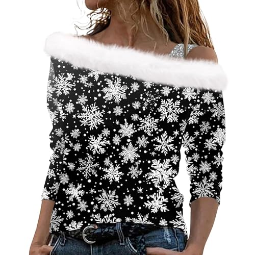 Plüsch Schulterfrei Langarm Pullover Glitzer Chritmas Drucken Oberteile Mesh Off Shoulder Weihnachtspullover Damen Mit Schulterriemen Weihnachtsbluse Weihnachtsshirt Langarm Tops(Black,M) von Topassion