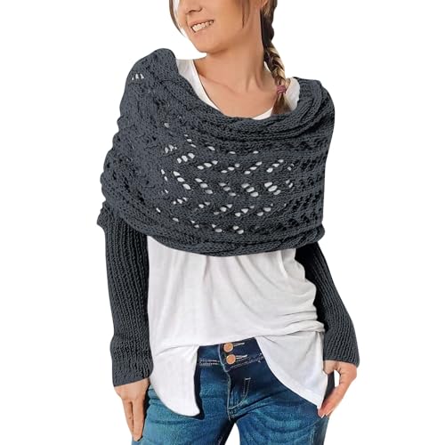 Schal Mit Ärmeln, Multifunktionaler Schal Mit Ärmeln Für Damen Gestrickter Schal Sweater Wrap Boho Pashmina Schal Umhang Strickschal Damen Schal Damen Winter Schal Mit Ärmeln Strick,Dark Gray von Topassion