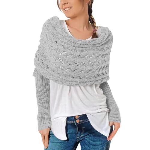 Schal Mit Ärmeln, Multifunktionaler Schal Mit Ärmeln Für Damen Gestrickter Schal Sweater Wrap Boho Pashmina Schal Umhang Strickschal Damen Schal Damen Winter Schal Mit Ärmeln Strick,Light Gray von Topassion