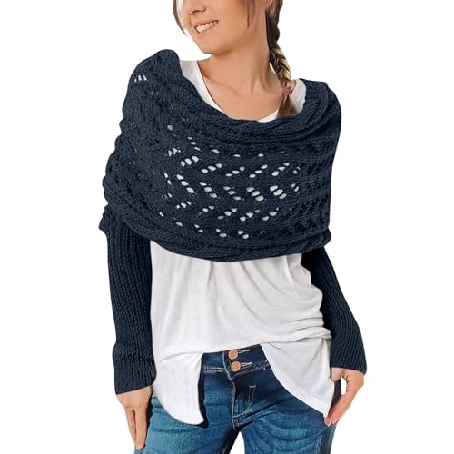 Schal Mit Ärmeln, Multifunktionaler Schal Mit Ärmeln Für Damen Gestrickter Schal Sweater Wrap Boho Pashmina Schal Umhang Strickschal Damen Schal Damen Winter Schal Mit Ärmeln Strick,Navy von Topassion