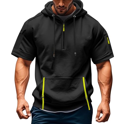 T Shirt Herren mit Kapuze Kurzarm Kapuzenpullover mits Taschen Kordelzug Sommer Kurz Hoodie Sport Tshirt Personalisierte Kapuzenshirt Freizeit Sweatshirt Atmungsaktives Sportshirt(Black,XL) von Topassion