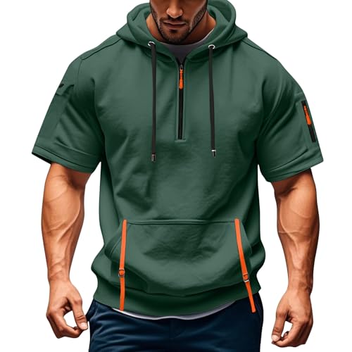 T Shirt Herren mit Kapuze Kurzarm Kapuzenpullover mits Taschen Kordelzug Sommer Kurz Hoodie Sport Tshirt Personalisierte Kapuzenshirt Freizeit Sweatshirt Atmungsaktives Sportshirt(Dark Green,3XL) von Topassion