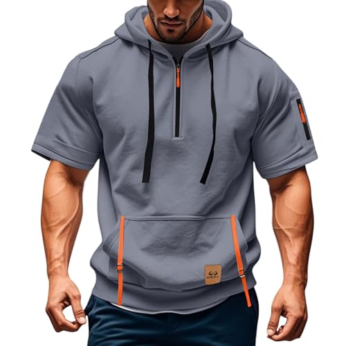 T Shirt Herren mit Kapuze Kurzarm Kapuzenpullover mits Taschen Kordelzug Sommer Kurz Hoodie Sport Tshirt Personalisierte Kapuzenshirt Freizeit Sweatshirt Atmungsaktives Sportshirt(Gray,XXL) von Topassion