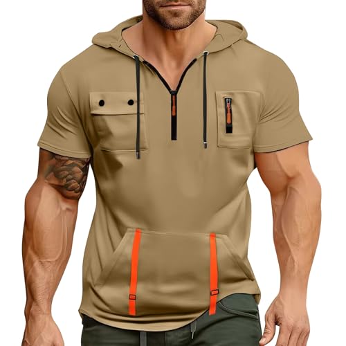 T Shirt Herren mit Kapuze Kurzarm Kapuzenpullover mits Taschen Kordelzug Sommer Kurz Hoodie Sport Tshirt Personalisierte Kapuzenshirt Freizeit Sweatshirt Atmungsaktives Sportshirt(Khaki,XXL) von Topassion