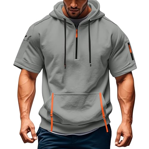 T Shirt Herren mit Kapuze Kurzarm Kapuzenpullover mits Taschen Kordelzug Sommer Kurz Hoodie Sport Tshirt Personalisierte Kapuzenshirt Freizeit Sweatshirt Atmungsaktives Sportshirt(Light Gray,XL) von Topassion