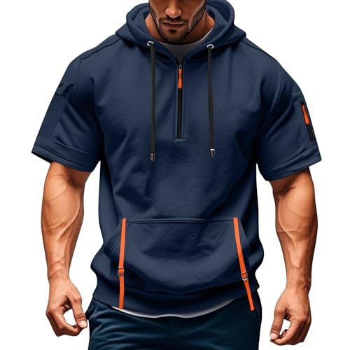 T Shirt Herren mit Kapuze Kurzarm Kapuzenpullover mits Taschen Kordelzug Sommer Kurz Hoodie Sport Tshirt Personalisierte Kapuzenshirt Freizeit Sweatshirt Atmungsaktives Sportshirt(Navy,3XL) von Topassion