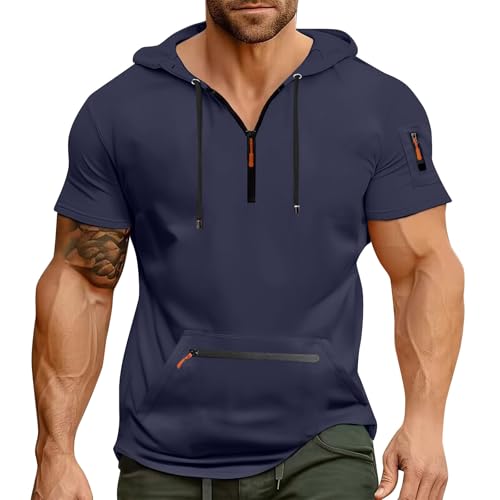 T Shirt Herren mit Kapuze Kurzarm Kapuzenpullover mits Taschen Kordelzug Sommer Kurz Hoodie Sport Tshirt Personalisierte Kapuzenshirt Freizeit Sweatshirt Atmungsaktives Sportshirt(Navy,3XL) von Topassion