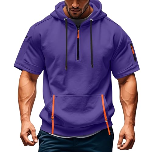 T Shirt Herren mit Kapuze Kurzarm Kapuzenpullover mits Taschen Kordelzug Sommer Kurz Hoodie Sport Tshirt Personalisierte Kapuzenshirt Freizeit Sweatshirt Atmungsaktives Sportshirt(Purple,3XL) von Topassion