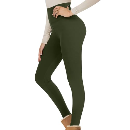 Thermo Leggings Damen Gefüttert High Waist Thermoleggins mit Innenfleece Warm Teddy Jogginghose Winter Strumpfhosen Sportleggins Thermohose Blickdicht Yogahose Dicke Plüschstrümpfe(Army Green,L) von Topassion