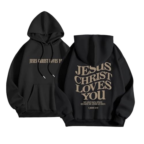 Topassion 2024 Jesus Loves You Hoodie Rundhals Damen Kapuzenpullover mit Taschen Oversize Christliches Pullover Kordelzug Sweatshirt Freizeit Sport Langarmshirt Training Pulli Streetwear(Black,S) von Topassion