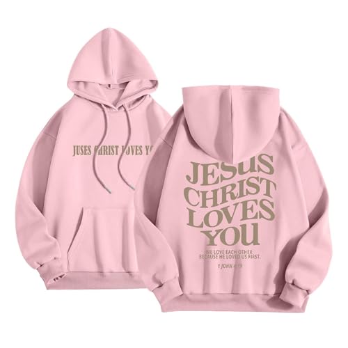 Topassion 2024 Jesus Loves You Hoodie Rundhals Damen Kapuzenpullover mit Taschen Oversize Christliches Pullover Kordelzug Sweatshirt Freizeit Sport Langarmshirt Training Pulli Streetwear(Pink,S) von Topassion