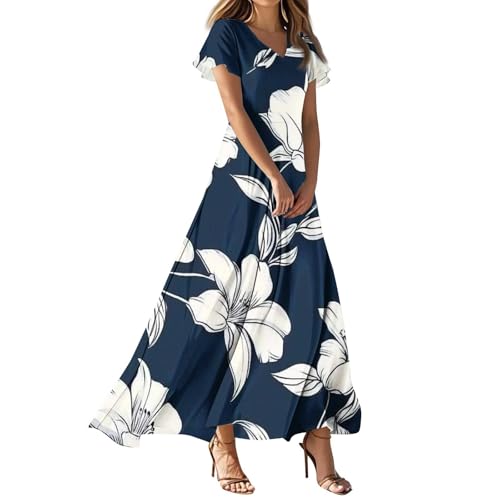 Topassion Damen Sommer Kleider V-Ausschnitt Maxikleid Kurzarm Rüschensaum Strandkleid Freizeit Sommerkleid Lang Blumenkleid Freizeitkleider Hohe Taille Wickelkleid Boho Strand Dress(Blue,XXL) von Topassion