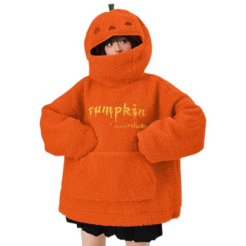 Topassion Halloween Kostüm Damen Lustig Kürbis Kapuze Plüsch Hoodie Pumpkin Briefe Stickerei Kapuzenpullover Festliche Teddy Fleece Pullover Karneval Sweatshirt für Paare Fleecepulli (Orange,S) von Topassion