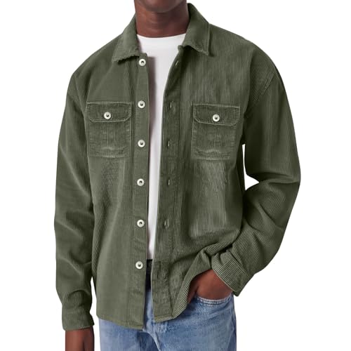 Topassion Herren Hemd Cord Gestreiftes Cordjacke Warme Corduroy Langarmhemd Hemdjacke mit Klappentasche Männer Knöpfen und Reverstasche Hemdjacke Winterjacke Bomberjacke Freizeithemd(Green,XL) von Topassion