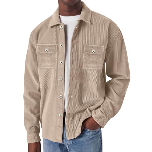 Topassion Herren Hemd Cord Gestreiftes Cordjacke Warme Corduroy Langarmhemd Hemdjacke mit Klappentasche Männer Knöpfen und Reverstasche Hemdjacke Winterjacke Bomberjacke Freizeithemd(Khaki,3XL) von Topassion