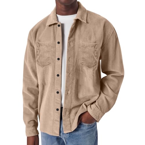Topassion Herren Hemd Cord Gestreiftes Cordjacke Warme Corduroy Langarmhemd Hemdjacke mit Klappentasche Männer Knöpfen und Reverstasche Hemdjacke Winterjacke Bomberjacke Freizeithemd(Khaki,XL) von Topassion