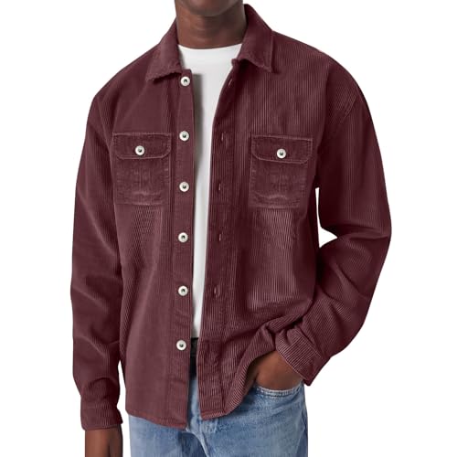 Topassion Herren Hemd Cord Gestreiftes Cordjacke Warme Corduroy Langarmhemd Hemdjacke mit Klappentasche Männer Knöpfen und Reverstasche Hemdjacke Winterjacke Bomberjacke Freizeithemd(Wine,3XL) von Topassion