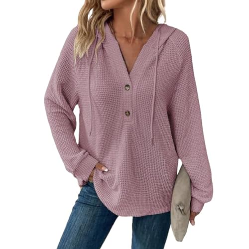 Topassion Hoodie Damen Waffel Pullover Kapuzenpullover mit Taschen Herbst Strickpullover Winter Hoody Sweatshirt Einfarbig Strickpullover Freizeit Langarmshirt Warm Pulli Oberteile Outwear (Pink.L) von Topassion