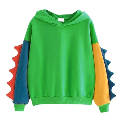 Topassion Kontrastierender Dinosaurier Kapuzenpullover Damen Einfarbiger Hoodie mit Tasche Bequem Kordelzug Kapuzenpulli Herbst Winter Sweatjacke Casual Y2K Sweatshirts Übergroße Streetwear(Green,XL) von Topassion