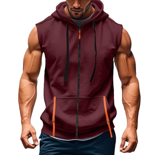 T Shirt Herren mit Kapuze Kurzarm Kapuzenpullover mits Taschen Kordelzug Sommer Kurz Hoodie Sport Tshirt Personalisierte Kapuzenshirt Freizeit Sweatshirt Atmungsaktives Sportshirt(Wine,M) von Topassion