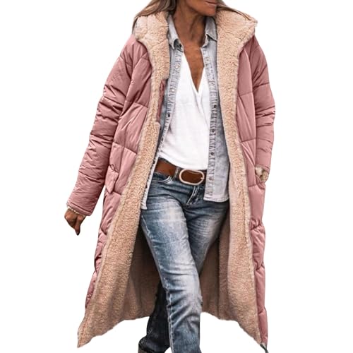 Topassion Winterjacke Damen Mit Warm Gefüttert Wintermäntel Lang Auf Beiden Pufferjacken Kapuzenmantel Lässig Übergangsjacke Casual Steppmantel Frauen Steppjacke Outdoorjacke Softshell Coat(Pink,M) von Topassion