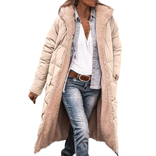 Topassion Winterjacke Damen Mit Warm Gefüttert Wintermäntel Lang Auf Beiden Pufferjacken Kapuzenmantel Lässig Übergangsjacke Casual Steppmantel Frauen Steppjacke Outdoorjacke Softshell Coat(Beige,XL) von Topassion