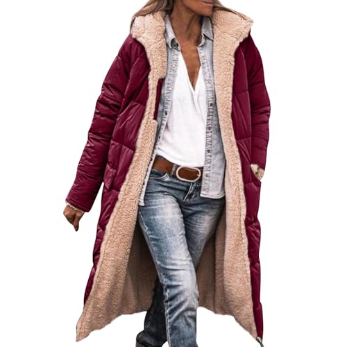 Topassion Winterjacke Damen Mit Warm Gefüttert Wintermäntel Lang Auf Beiden Pufferjacken Kapuzenmantel Lässig Übergangsjacke Casual Steppmantel Frauen Steppjacke Outdoorjacke Softshell Coat(Wine,M) von Topassion