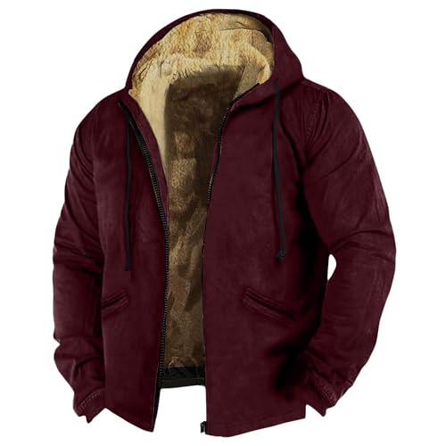 Topassion Winterjacke Herren Fleecejacke Warme Gefüttert Skijacke mit Kapuze Reißverschluss Männer Übergangsjacke Einfarbiges Softshelljacke Wintermantel Mantel Winddicht Outdoorjacke Jacke(Red,4XL) von Topassion