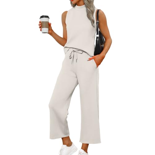 Topassion Zweiteiler Damen Ärmellose/Kurzarm Hosen Mit Weites Bein Hosenanzug 2 Teilig Leicht Tshirt Und Hose Elegant Sommeranzug Casual Sommer Outfits Bequem Jogginganzug Business Anzug(Beige,XXL) von Topassion