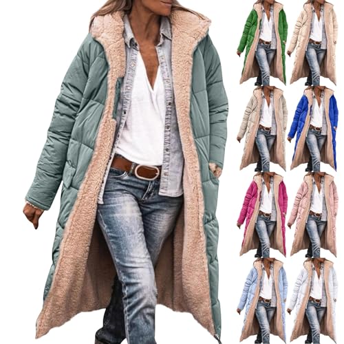 Winterjacke Damen Mit Warm Gefüttert Wintermäntel Lang Auf Beiden Pufferjacken Kapuzenmantel Lässig Übergangsjacke Casual Steppmantel Frauen Steppjacke Outdoorjacke Softshell Coat(Army Green,S) von Topassion