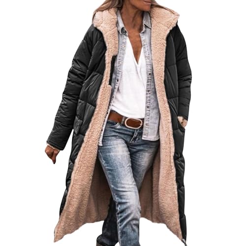 Winterjacke Damen Mit Warm Gefüttert Wintermäntel Lang Auf Beiden Pufferjacken Kapuzenmantel Lässig Übergangsjacke Casual Steppmantel Frauen Steppjacke Outdoorjacke Softshell Coat(Black,3XL) von Topassion