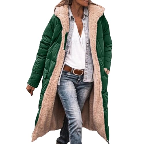 Winterjacke Damen Mit Warm Gefüttert Wintermäntel Lang Auf Beiden Pufferjacken Kapuzenmantel Lässig Übergangsjacke Casual Steppmantel Frauen Steppjacke Outdoorjacke Softshell Coat(Green,3XL) von Topassion