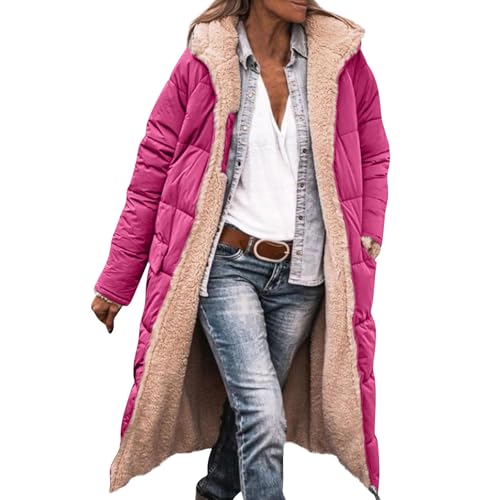 Winterjacke Damen Mit Warm Gefüttert Wintermäntel Lang Auf Beiden Pufferjacken Kapuzenmantel Lässig Übergangsjacke Casual Steppmantel Frauen Steppjacke Outdoorjacke Softshell Coat(Hot Pink,XXL) von Topassion