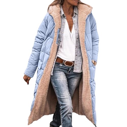 Winterjacke Damen Mit Warm Gefüttert Wintermäntel Lang Auf Beiden Pufferjacken Kapuzenmantel Lässig Übergangsjacke Casual Steppmantel Frauen Steppjacke Outdoorjacke Softshell Coat(Light Blue,XL) von Topassion