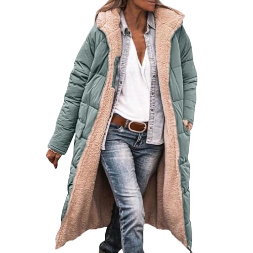 Winterjacke Damen Mit Warm Gefüttert Wintermäntel Lang Auf Beiden Pufferjacken Kapuzenmantel Lässig Übergangsjacke Casual Steppmantel Frauen Steppjacke Outdoorjacke Softshell Coat(Light Green,L) von Topassion