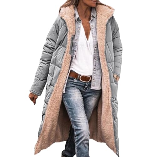 Winterjacke Damen Mit Warm Gefüttert Wintermäntel Lang Auf Beiden Pufferjacken Kapuzenmantel Lässig Übergangsjacke Casual Steppmantel Frauen Steppjacke Outdoorjacke Softshell Coat(Silver,XL) von Topassion
