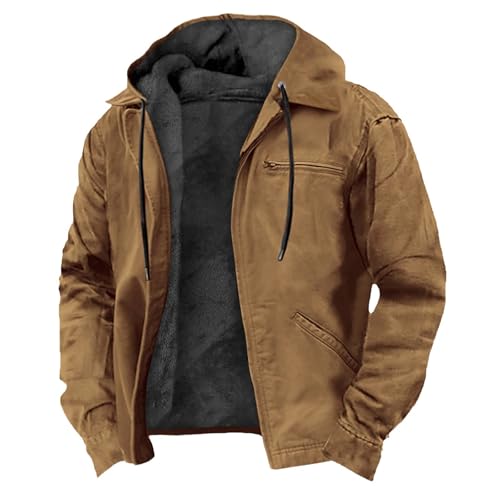 Winterjacke Herren Fleecejacke Warme Gefüttert Skijacke mit Kapuze Reißverschluss Männer Übergangsjacke Einfarbiges Softshelljacke Wintermantel Mantel Winddicht Outdoorjacke Jacke(Light Brown,4XL) von Topassion