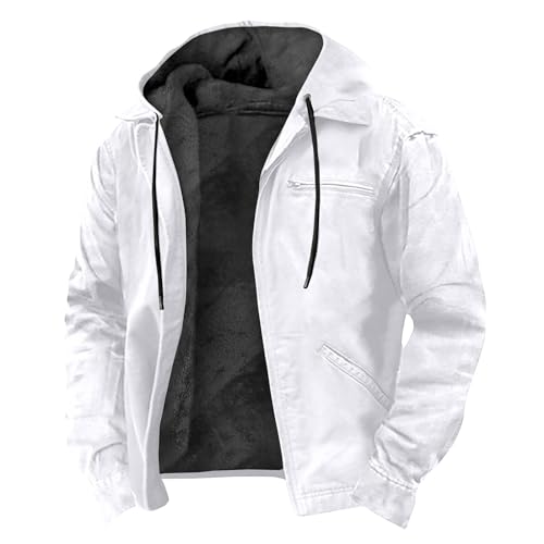 Winterjacke Herren Fleecejacke Warme Gefüttert Skijacke mit Kapuze Reißverschluss Männer Übergangsjacke Einfarbiges Softshelljacke Wintermantel Mantel Winddicht Outdoorjacke Jacke(White,XXL) von Topassion