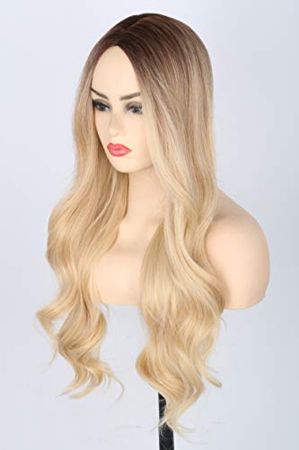 Topcosplay 24 inch Lange Schwarz Perücke für Frauen, Lange gewellt Perücke Hitzebeständiger Kunstfaser Wie Echthaar Lockig Perücke für Karneval Fasching Cosplay (Blond mit Braunen Wurzeln) von Topcosplay