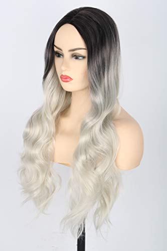 Topcosplay 24 inch Lange Schwarz Perücke für Frauen, Lange gewellt Perücke Hitzebeständiger Kunstfaser Wie Echthaar Lockig Perücke für Karneval Fasching Cosplay (Platin) von Topcosplay