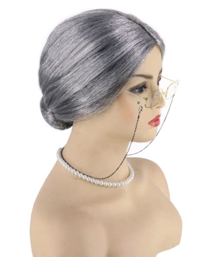 Topcosplay 3er Set Oma Perücke Großmutter Perücke mit Perlenkette Oma Brille Granny Perücke Grau Old Lady Kostüm Set Alte Dame Perücke für Karneval Halloween (Grau) von Topcosplay