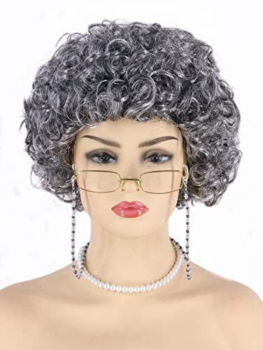 Topcosplay 3er Set Oma Perücke Großmutter Perücke mit Perlenkette Oma Brille Granny Perücke Grau Old Lady Kostüm Set Alte Dame Perücke für Karneval Halloween (Grau-Kurzes Haar) von Topcosplay