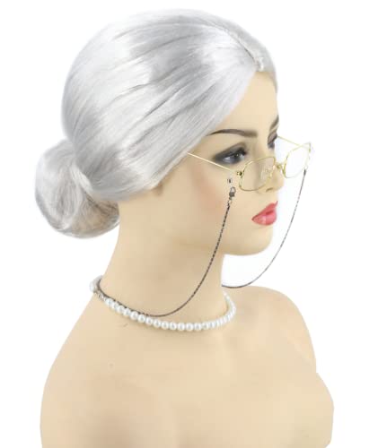 Topcosplay 3er Set Oma Perücke Großmutter Perücke mit Perlenkette Oma Brille Granny Perücke Grau Old Lady Kostüm Set Alte Dame Perücke für Karneval Halloween (Weiß) von Topcosplay