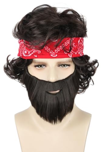 Topcosplay 3er set Herren Perücke mit Bart Bandanas Kurze Perücke Braun Vollbart Fasching Karneval Perücke (Dunkelbraun) von Topcosplay
