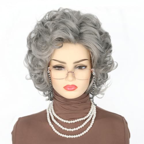 Topcosplay 3er set Oma Perücke mit Perlenkette Brille Großmutter Perücke Granny Perücke Grau Old Lady Alte Damen Perücke für Karneval (Dunkelgrau) von Topcosplay