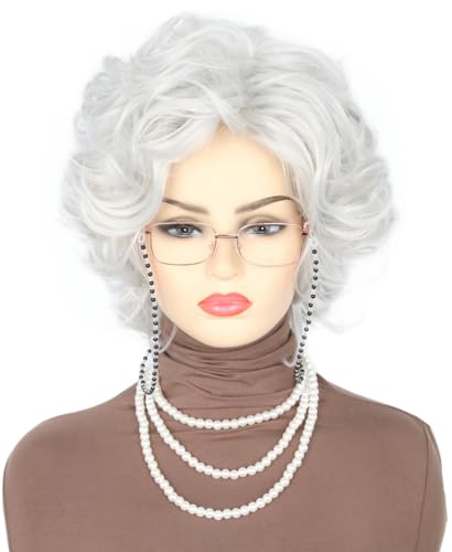 Topcosplay 3er set Oma Perücke mit Perlenkette Brille Großmutter Perücke Granny Perücke Grau Old Lady Alte Damen Perücke für Karneval (Grau) von Topcosplay