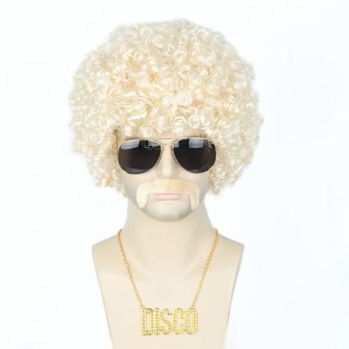 Topcosplay 4er Set Afro Perücke Herren mit Sonnenbrille Schnurrbart Halskette 70 80er Jahre Perücke Vokuhila Disco Perücke Hippie Perücke Halloween Karneval Kostüm (Blond) von Topcosplay